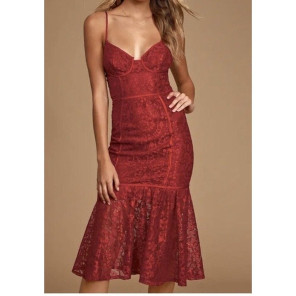 Lulus Lucy Wine Red MIDI Lace Bustier Dress Size L - Picture 1 of 13